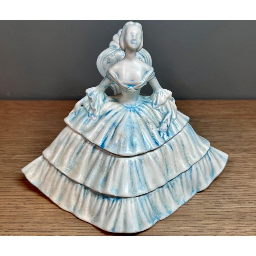 Vintage Margot Japan Lady Powder Jar Blue Dress Trinket Box Vanity